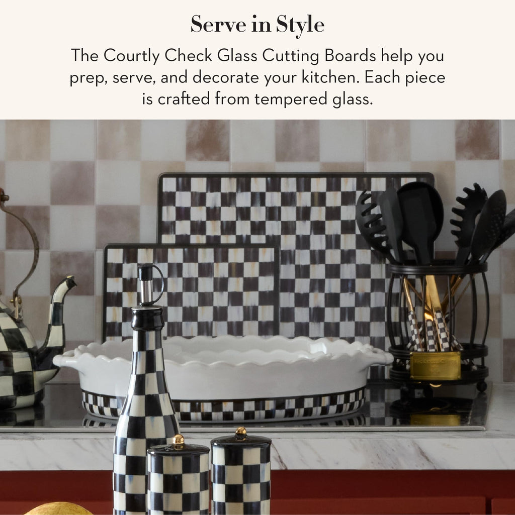 MACKENZIE-CHILDS Tempered Glass Cutting Board, Large Countertop Cutting Board, Black-and-White Courtly Check, Set of 2