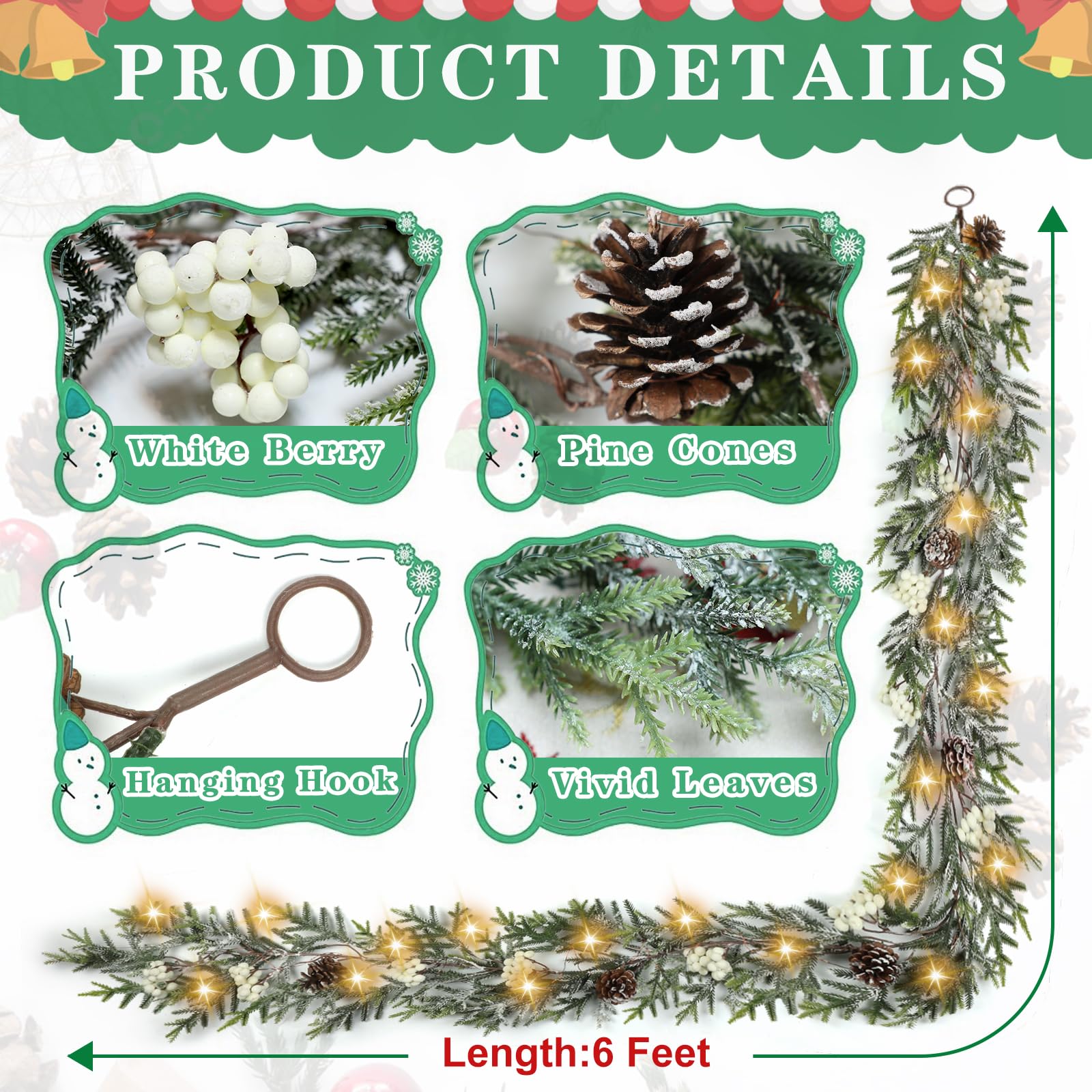 6FT Christmas Garland with Lights, Christmas Decorations Indoor Outdoor Pre-lit Artificial Pine Garland with Battery Operated Timer, Home Holiday Decor Flocked Garland for Mantel Window Stairs Wall