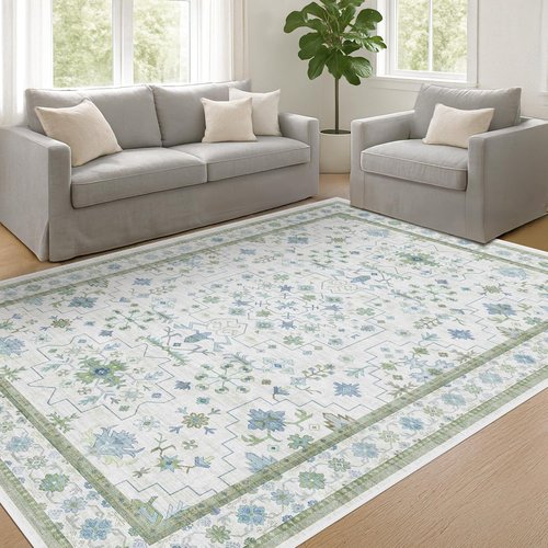 Hazo Haus Cream Oushak 6x9 Area Rug - Boho Floral Design in Cool Blue & Green, Washable Non-Slip Low Pile