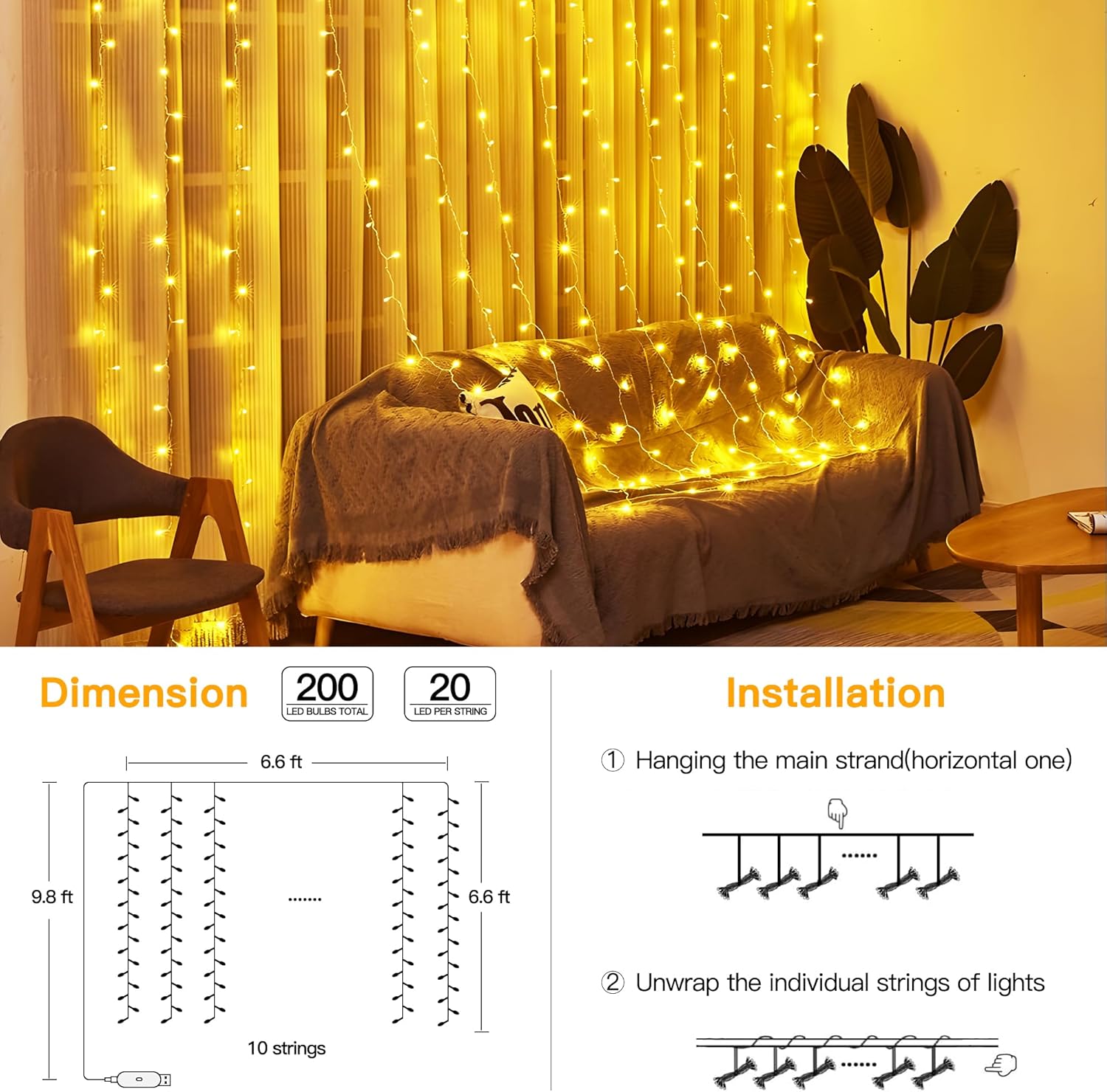 Ollny Curtain Lights - 200 LED String Lights with Remote & Timer | 6.6x6.6ft Warm White Fairy Light for Indoor Decor