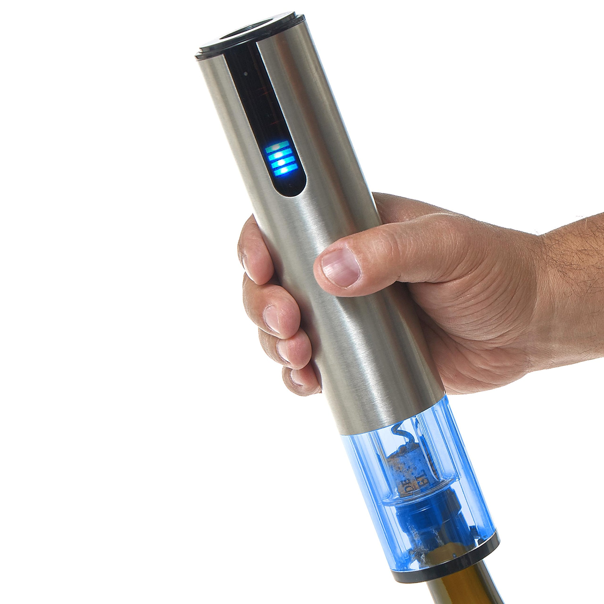Wine Enthusiast 2-in-1 Electric Blue Automatic Wine Bottle Opener and Preserver Set – Fully Electric Corkscrew with Charging Station – Seal Bottle with Vacuum Stopper (7 Piece Set)