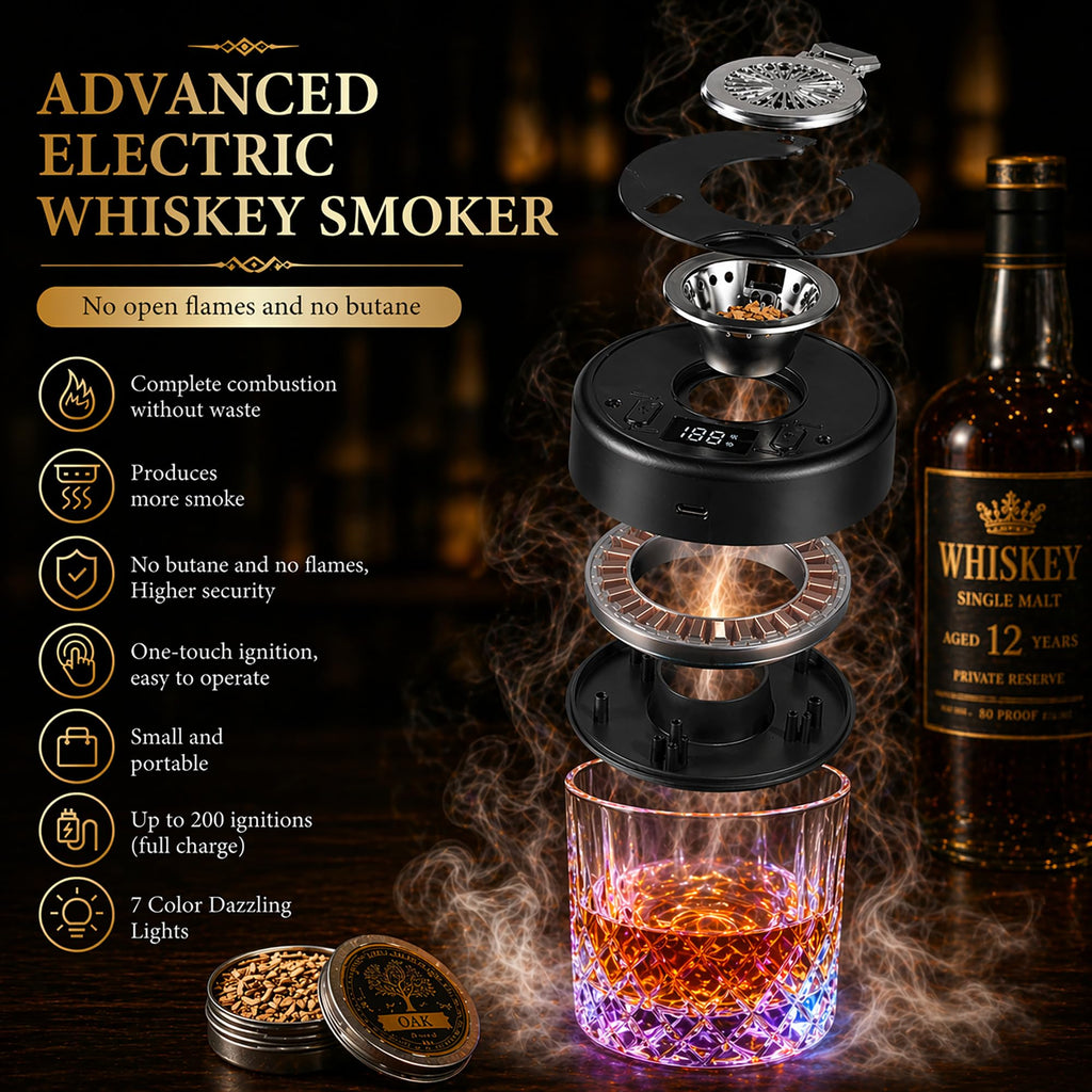 Electric Whiskey Smoker Kit, Torch-Free Rechargeable Cocktail Smoker with 7 Color Lights, All-in-1 Gift Set with 2 Wooden Whiskey Glasses, 10 Wood Chips, Ice Molds & Steel Cubes for Men, Dad