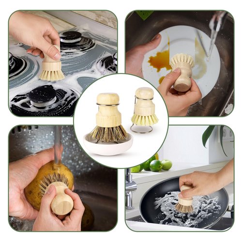 DEBETOOL Bamboo Dish Brush Set with Holder - Natural Dish Scrub Brush for Cleaning Dishes, Fast Dry Design Kitchen Dish Brush for Sinks & Pots