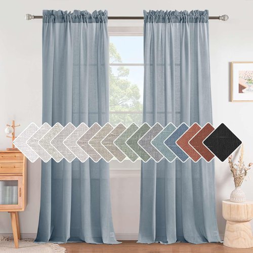 H.VERSAILTEX Stone Blue Linen Curtains 84 Inch Length for Living Room 2 Panels Set Rod Pocket Light Filtering Semi Sheer Curtains for Bedroom Country Farmhouse Drapes 52x84 Long