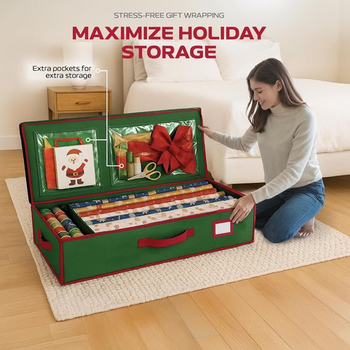 Christmas Wrapping Paper Organizer - Fits Up to 24 Rolls | Storage Bag with Straps & Pockets (Green)