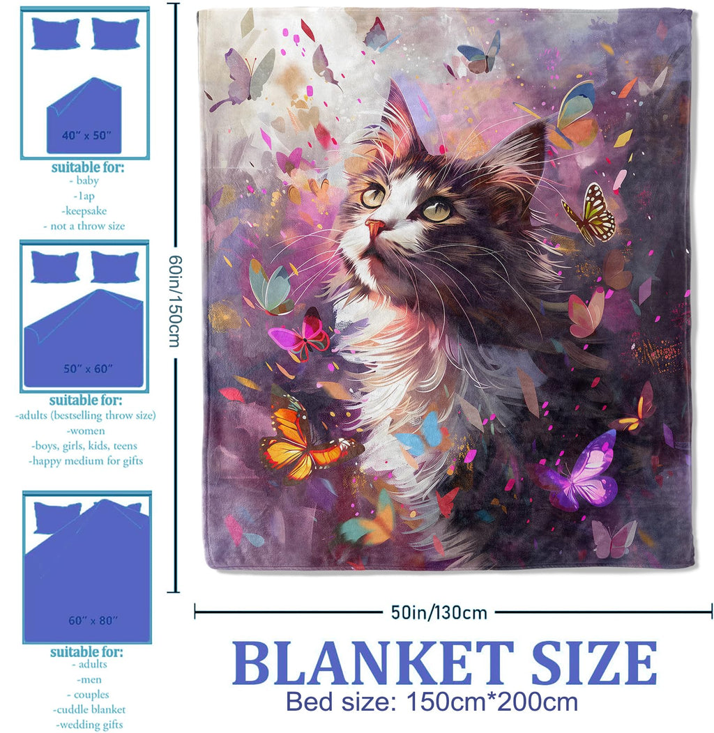 Plistiz Cat and Butterfly Throw Blanket, 50x60, Cute Cat Blankets for Bedroom Decor, Plush Flannel Polyester, Perfect for Kids and Adults