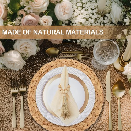 48 PCS Round Woven Placemats Set, 16 Boho Rattan Tablemats 13" Natural Water Hyacinth Farmhouse Place Mats with 16 Napkin, 16 Wooden Beads Napkin Ring for Kitchen Dining Table Decor Wedding Christmas