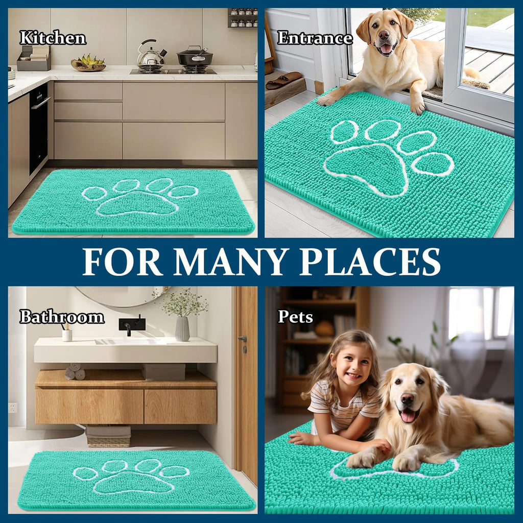 OLANLY Dog Door Mat - Absorbent Non-Slip Chenille Mat for Muddy Paws | 59x35 Teal Paw Print Design