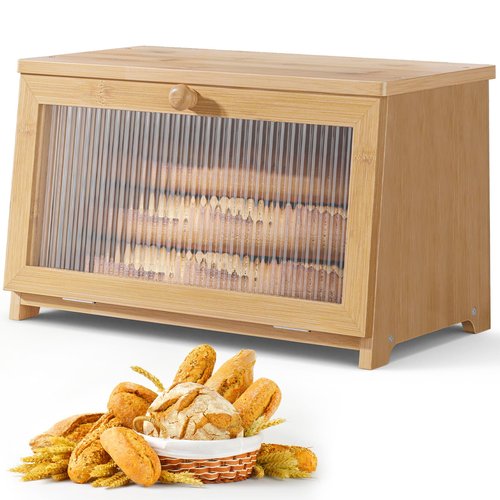 Kitsure Bamboo Bread Box Single Layer Kitchen Countertop Storage Organizer Natural Brown