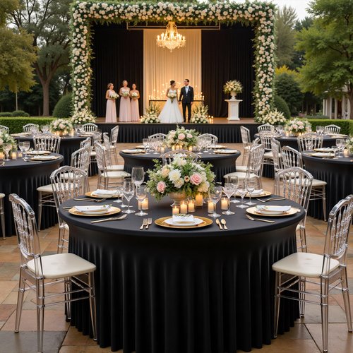 6 Pack Black Round Spandex Tablecloths for 60 inch Tables, Wrinkle Free Stretchy 120 inch Fitted Round Table Cloths Cover with Elegant Skirt for Wedding Birthday Parties Banquet