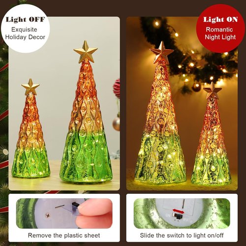 Lewondr Glass Christmas Trees - 2 PCS Tabletop Mercury Trees with Built-In Lights | Green & Gold Decor