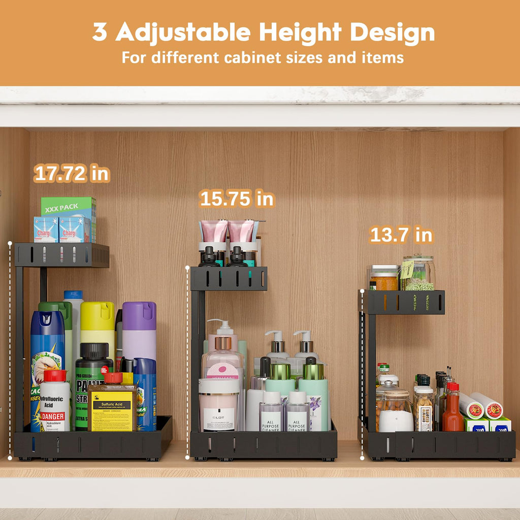 REALINN Under Sink Organizer, 2 Tier Expandable Under Cabinet Organizer, Heights Adjustable Pull Out Storage for Kitchen Bathroom Laundry, Black, 2 Pack