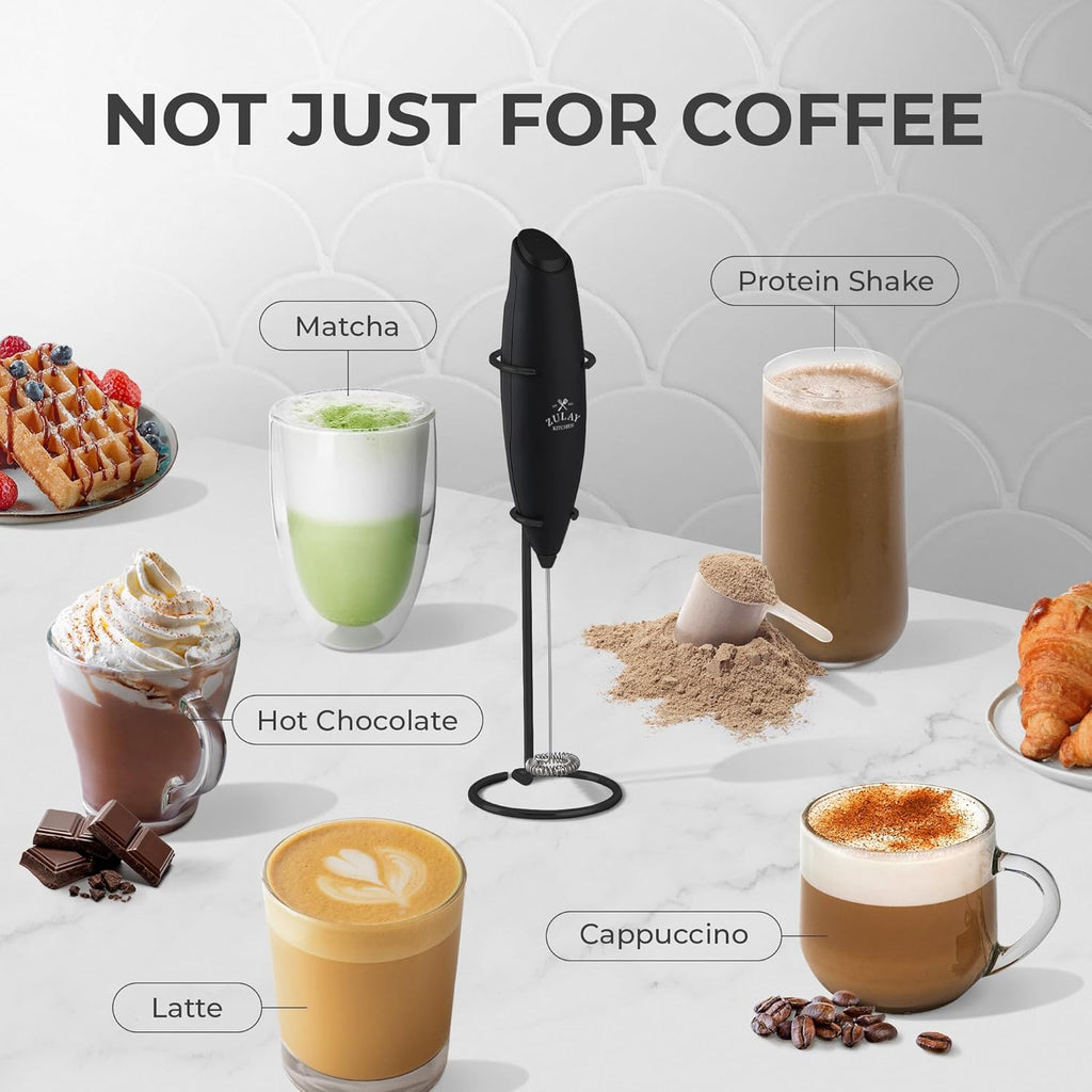 Zulay Kitchen Milk Frother Wand - Ultra-Fast Handheld Electric Whisk for Coffee & Lattes - Executive Black with 4 AA Batteries