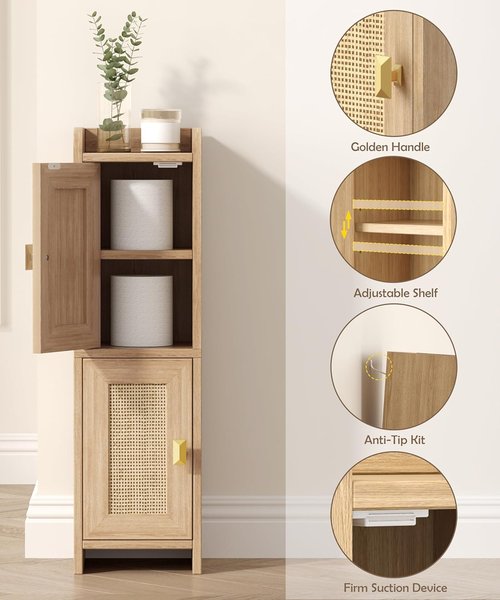 Akxomel Rattan Small Bathroom Cabinet - 2 Doors, Narrow Storage Solution for Small Spaces | Natural Oak Finish, 7.9''D x 7.9''W