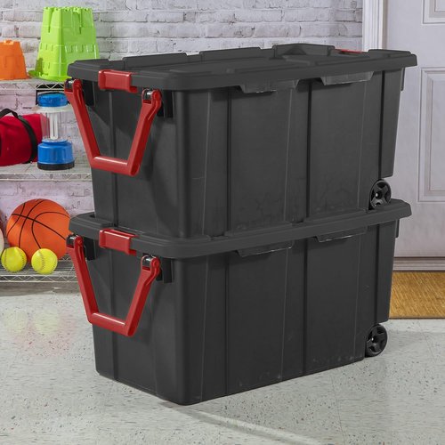 40 Gallon Wheeled Industrial Storage Tote - Heavy-Duty Plastic with Latch Lid & Pull Handle | Blue, 2 Pack