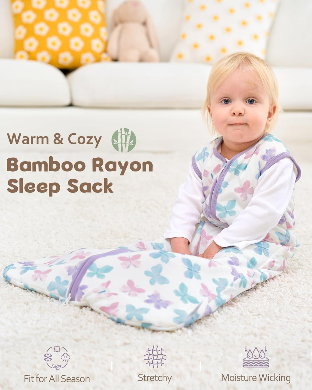 Rayon Made from Bamboo Baby Sleep Sack - Soft 1.0 Tog Wearable Blanket for Infants | 6-12 Months, 2-Pack, Purple Butterfly