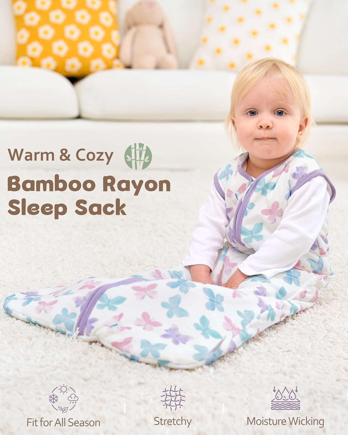 Rayon Made from Bamboo Baby Sleep Sack - Soft 1.0 Tog Wearable Blanket for Infants | 6-12 Months, 2-Pack, Purple Butterfly