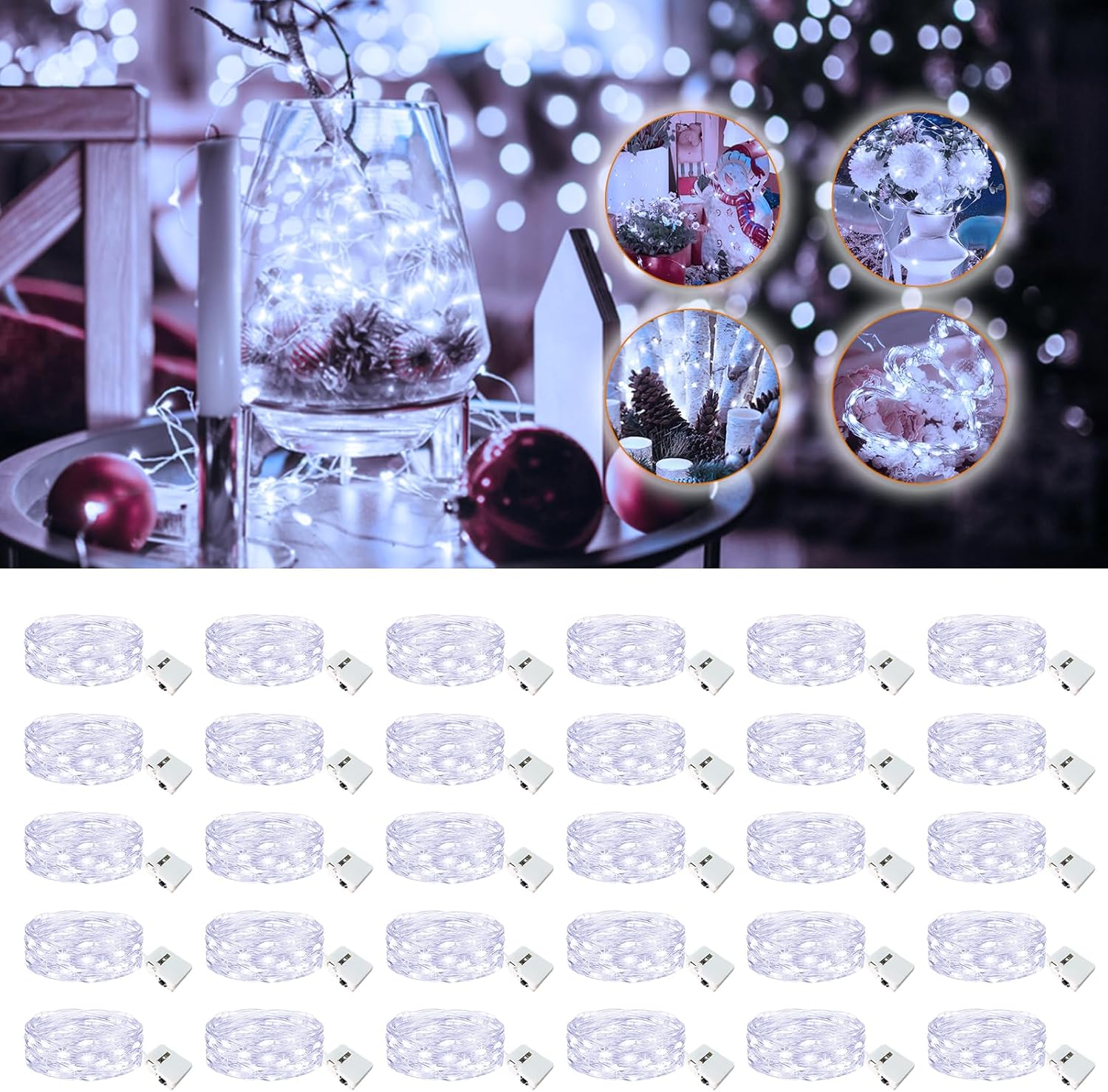 Skiennix 30 Pack Fairy Lights - 7ft Battery Operated Twinkle Lights | Waterproof Mini String Lights for DIY Party & Wedding Decor - Cool White