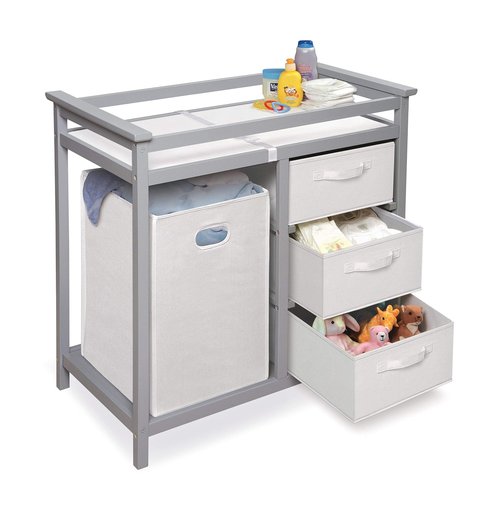 Badger Basket Modern Baby Changing Table - Nursery Furniture with Laundry Hamper and 3 Storage Drawers - Diaper Changing Station with Safety Belt, Changing Pad, and Organizer Baskets - Gray and White