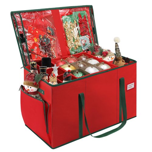 HKQ Large 2-in-1 Christmas Ornament Storage Box & Xmas Figurine Container,4 Separate Trays Keep 64-3"/ 36-4" Holiday Ornaments,Adjustable Extent Area for Figurines and Pockets for Decoration
