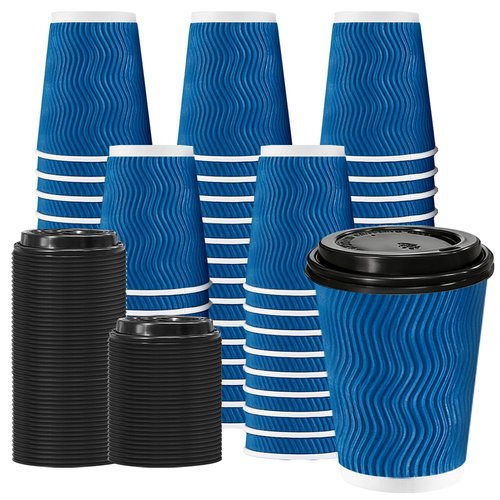 Lamosi 8 oz 100 Pack Disposable Coffee Cups with Lids, Insulated Paper Coffee Cups with Lids, Corrugated Ripple Wall To Go Coffee Cup with Lid for Hot Beverages (Blue)