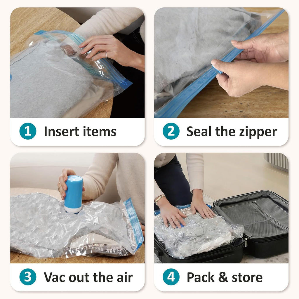 Skiennix Travel Vacuum Storage Bags - Space-Saving Combo with Rechargeable USB Pump | Ideal for Clothes, Bedding & More