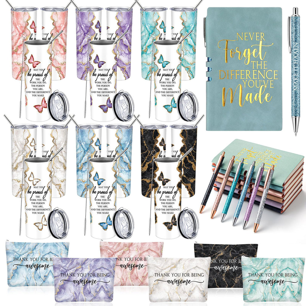 Geiserailie 36 Pcs / 6 Sets Appreciation Gift Set for Teachers Employee Thank You Gift 20 oz Rustic Marble Sign Tumbler Makeup Bag Journal for Womens Nurse Teacher Coworker Team(May You Be Proud)