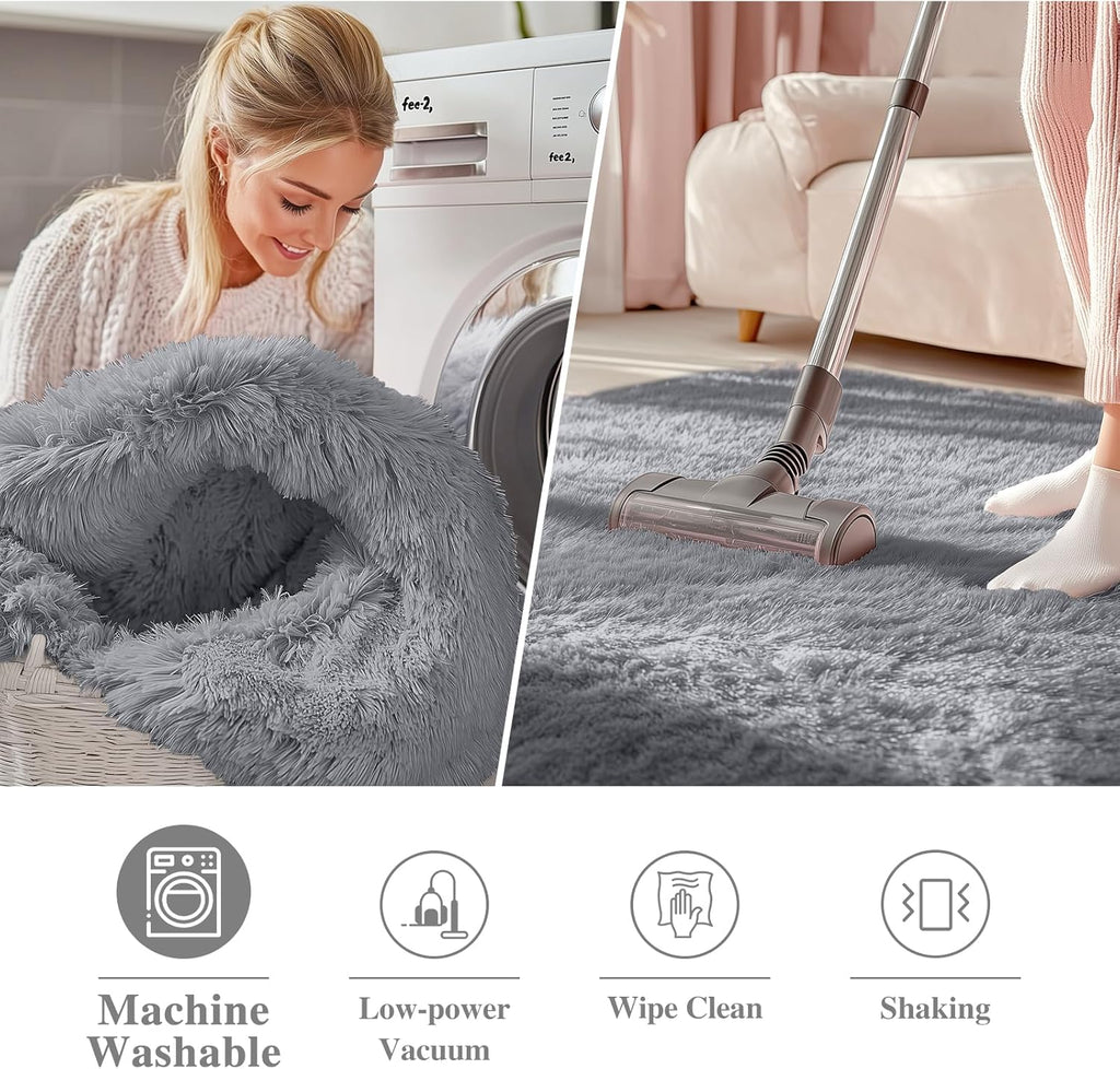 OLANLY Round Light Grey Area Rug - Soft & Fluffy 3 ft Machine Washable Carpet for Bedrooms & Nurseries