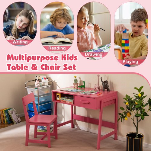 Costzon Kids Desk and Chair Set, Wooden Children Table with Drawer, Student Writing Table Computer Workstation for 3-8 Years Old, Kids Study Desk for Bedroom, School (Pink)