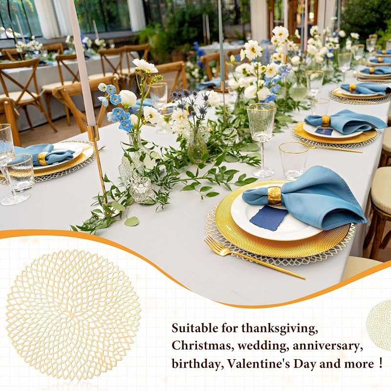 Gold Round Placemats 15 Inch Set of 48 - Non-Slip Vinyl Chargers for Christmas Dinner