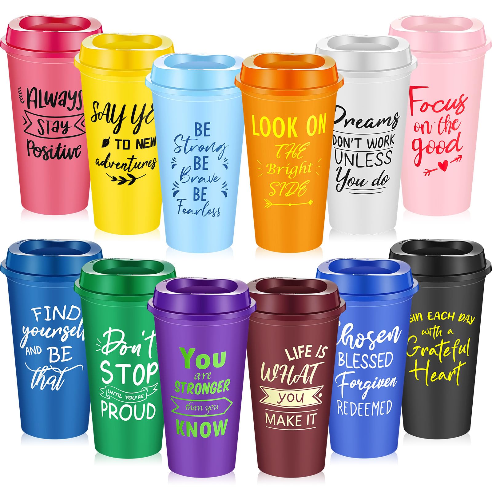FillTouch 72 Pcs Inspirational Cups Bulk Employee Appreciation Gifts, 16 oz Reusable Plastic Coffee Cups for Coworkers, Staff, Teammates, Office Prizes for Women and Men (Bright Color,Inspirational)
