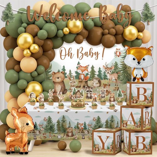 Woodland Baby Shower Decorations, Woodland Animals Themed Decor with Balloon Garland Arch | Baby Box | Tablecloth | Banner | Cake Topper for Neutral Forest Party