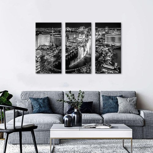 Las Vegas Skyline Wall Art - Black and White Cityscape Canvas Prints | 16x32" Set for Office & Living Room Decor