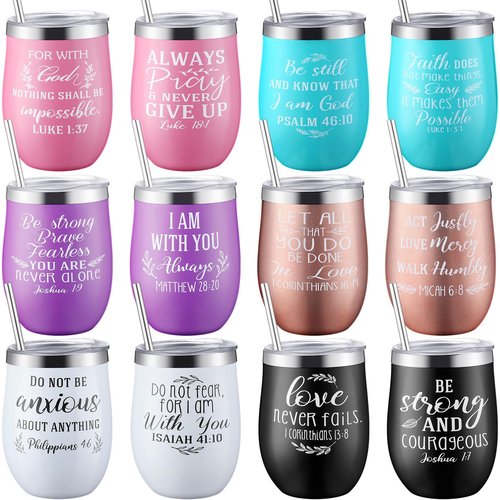 Suttmin 12 Pieces 12 oz Christian Gifts for Women Christmas Inspirational Tumblers Stainless Steel Christian Mugs Cup with Lid and Straw for Women Men Friends