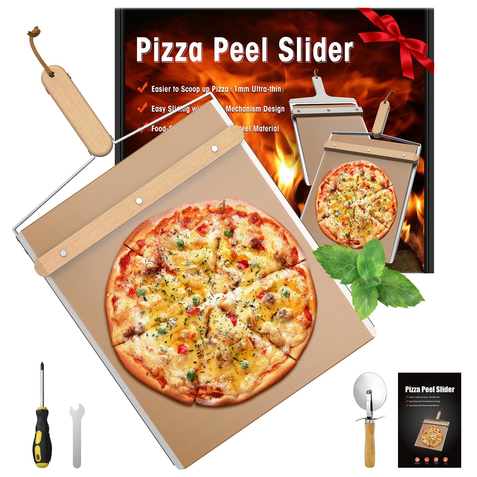KHKJROS Non-Stick Sliding Pizza Peel 16" & 22x13 Metal Board, Bamboo Paddle w/Detachable Handle & Free Pizza Cutter for Beginners, Outdoor Oven Baking