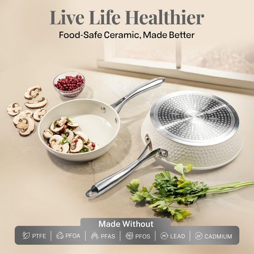 GOTHAM STEEL Hammered 10 Inch Non Stick Frying Pans with Lid, Frying Pans Nonstick with Lid, Non Toxic PFOA PFOS Free, Skillet Pan for Cooking, Induction Oven and Dishwasher Safe – Cream