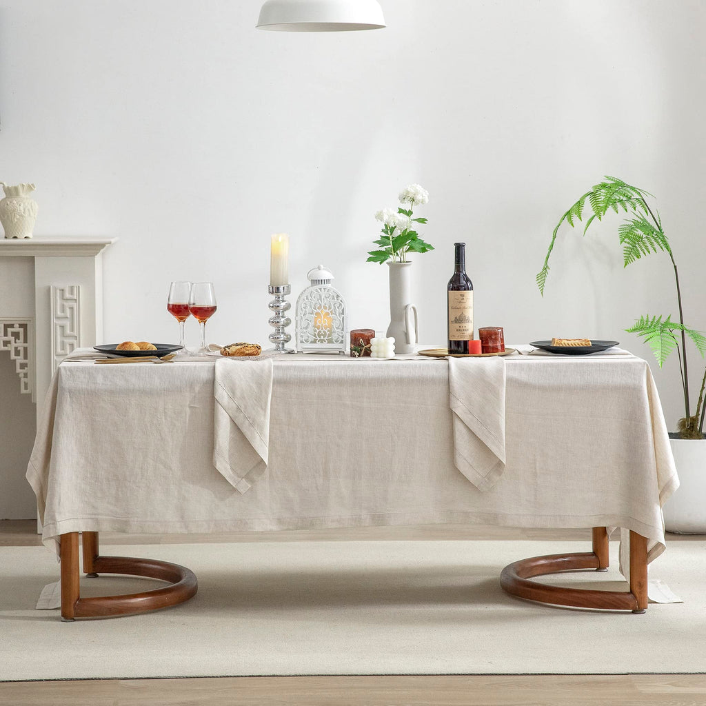 EVERLY Pure Linen Hemstitch Tablecloth,100% Stonewashed French Linen tablecloths for Kitchen Dining Rectangle Tables,60x84Inch Machine Washable Christmas Thanksgiving Organic Tablecloth-Natural Linen