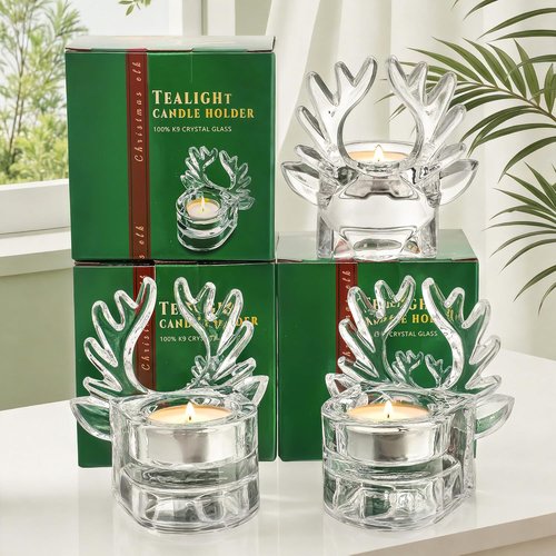 H&D Hyaline & Dora Clear Glass Reindeer Candle Holder Set - 3 Tealight Holders for Holiday Decor