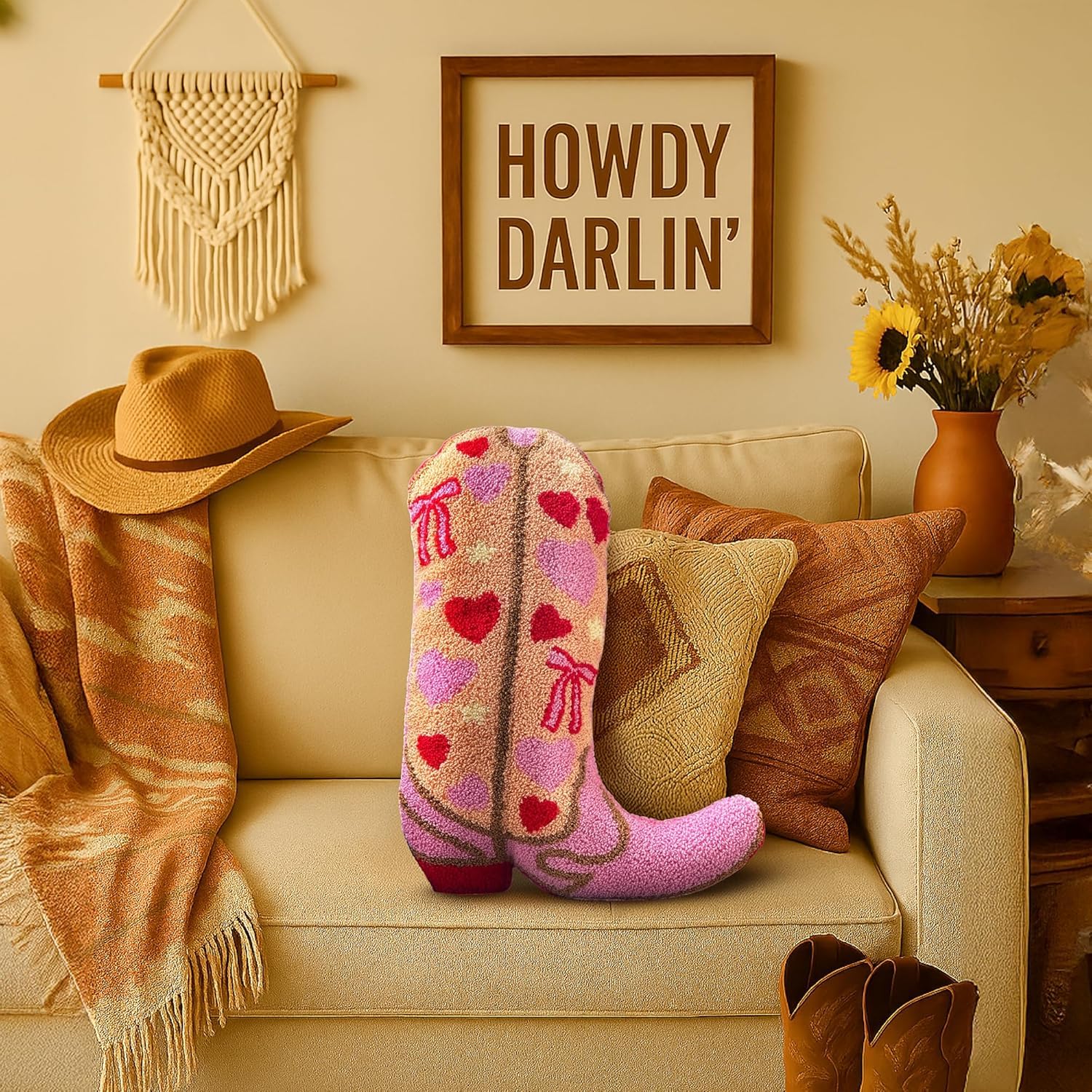 Cowgirl Boot Pillow for Pink & Preppy Aesthetic Room Decor - Textured Rodeo-Inspired Cowgirl Pillow with 3D Embroidered Pink & Red Hearts & Bows Design - Western Throw Pillows for Boho Decor