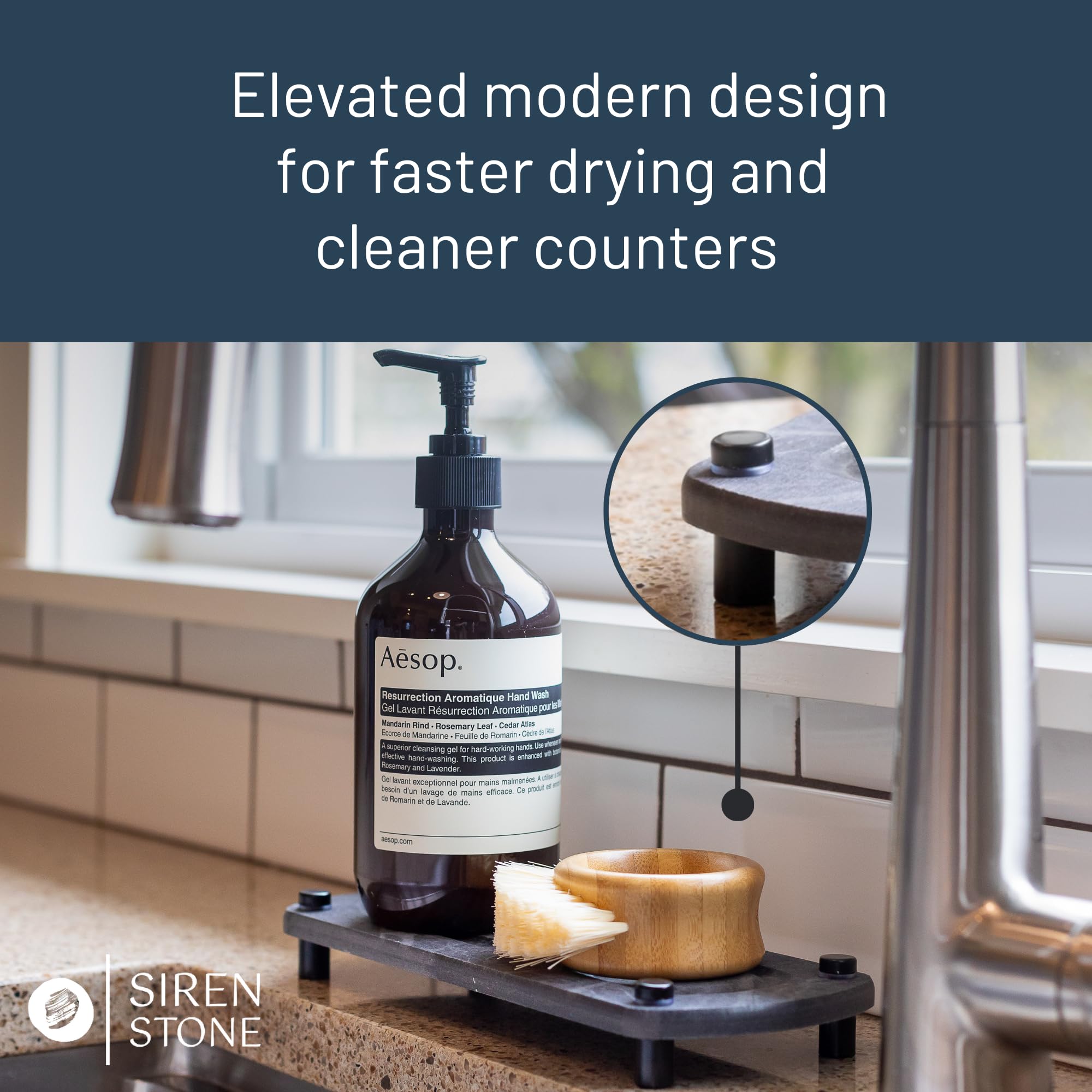 Siren Stone Premium Sink Caddy – Water-Absorbing Diatomaceous Earth Tray for Sink, Elevated Stainless Steel Feet, Non-Toxic, Fast-Drying, Kitchen or Bathroom