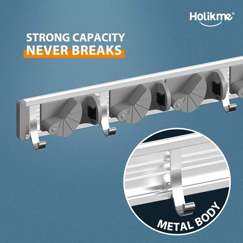 Holikme Wall Mount Mop Broom Holder - Metal Kitchen & Garden Tool Organizer | 4 Positions, Silver