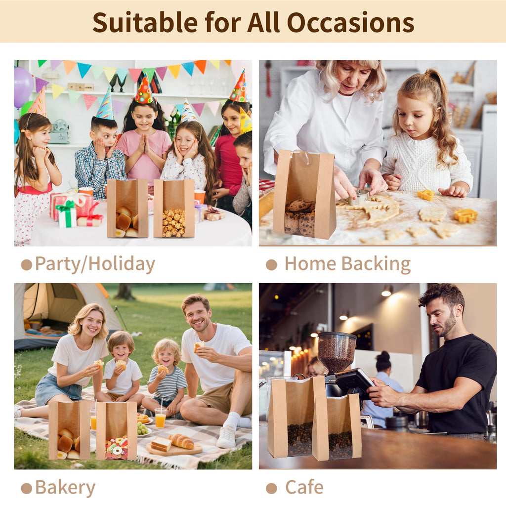 Bpole Cookie Bags with Seal - 50 PCS Small Bakery Bags with Window,5.1x2.8x9.1Inches Kraft Paper Cookie Treat Bag for Cookie Packaging Coffee Bean Snack Party