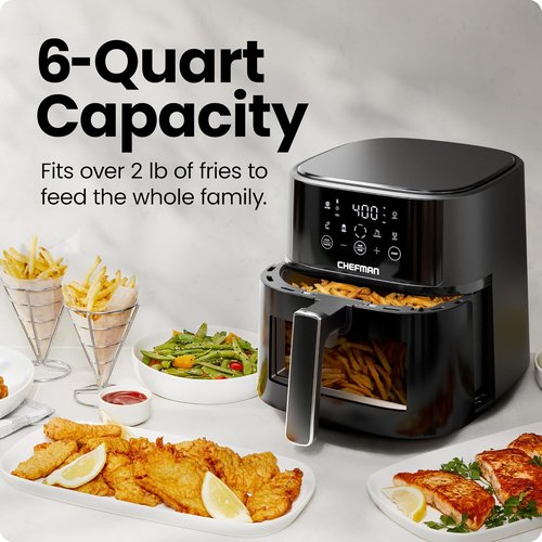 Chefman Air Fryer - 6 QT Compact Air Fryer with Hi-Fry Technology & Easy-View Window - Black