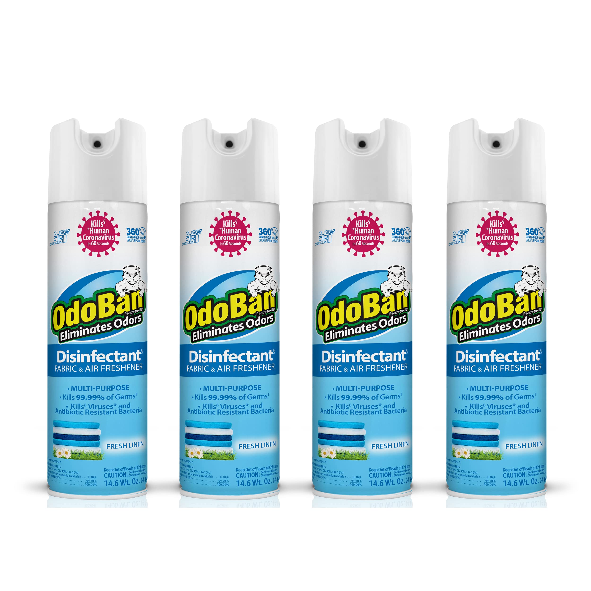 OdoBan Ready-to-Use 360-Degree Continuous Spray Disinfectant and Harsh Aroma Eliminator, Fabric and Air Freshener, 4 Pack, 14.6 Ounces Each, Fresh Linen Scent