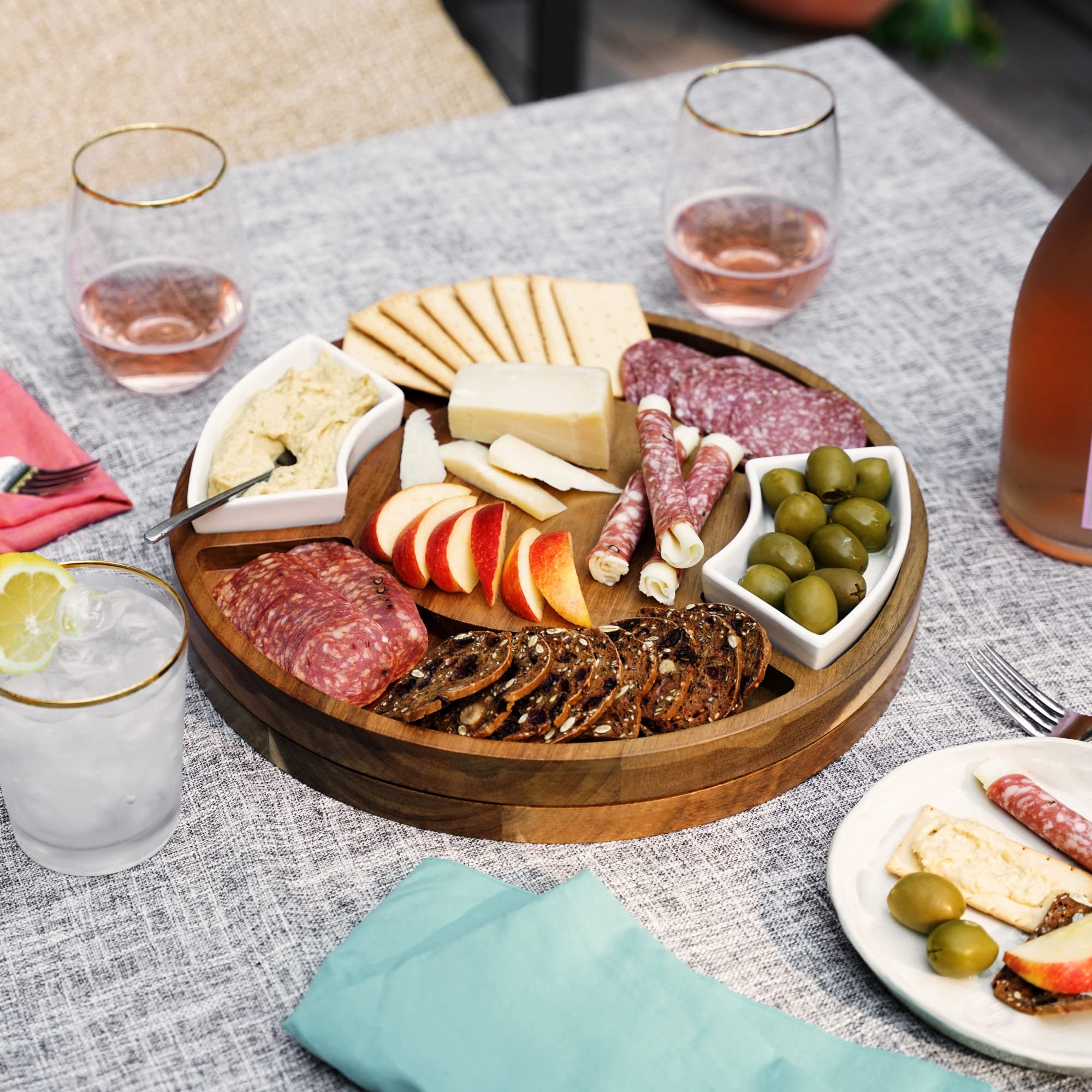 Twine Rotating Wood Serving Board - Round Charcuterie Board - Lazy Susan Wooden Cheese Board Set with Ceramic Dishes - Set of 1