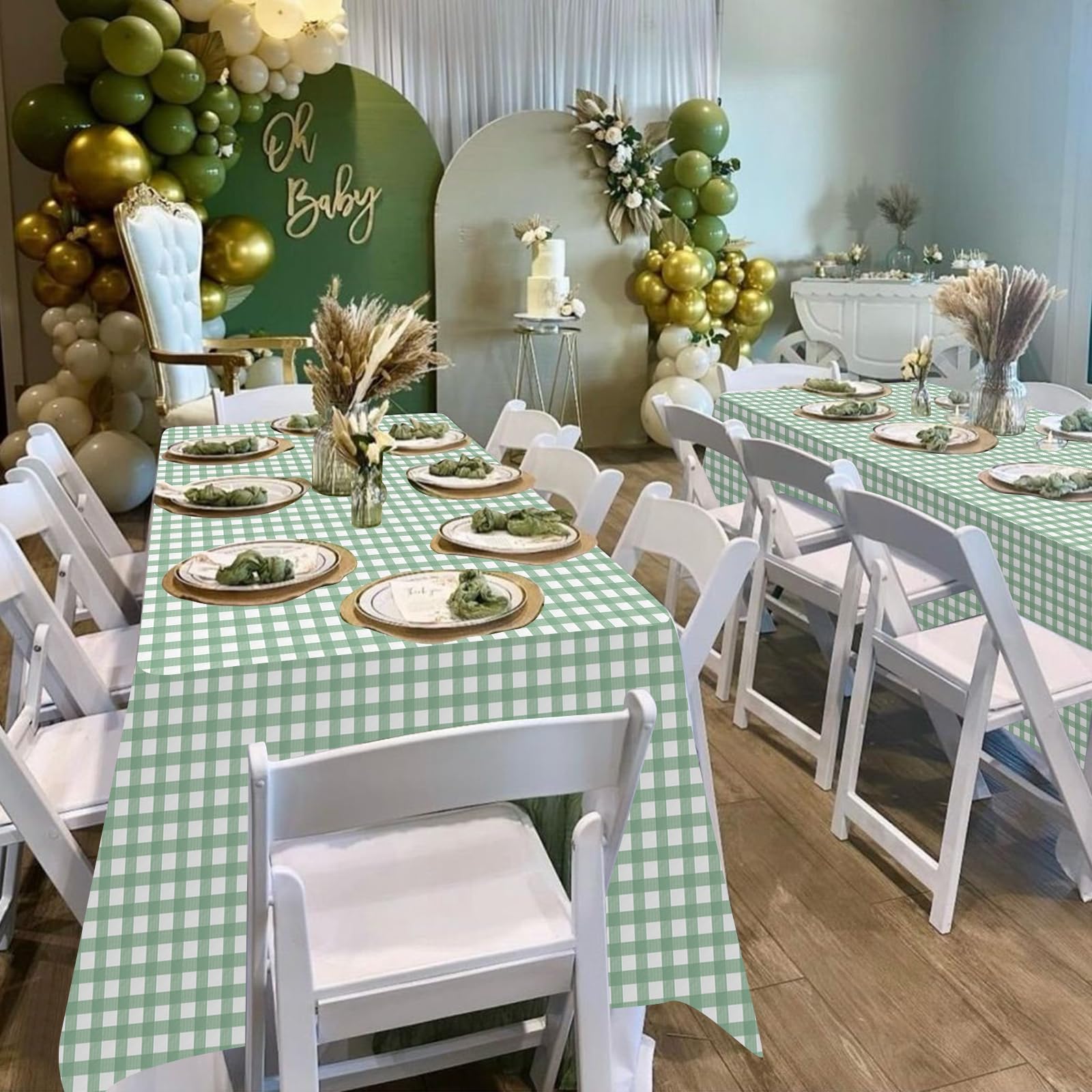 3Pcs Sage Green Gingham Birthday Party Tablecloth Decorations,Green White Checkered Plastic Table Cover Disposable Rectangle Plaid Table Cloth for Baby Shower Kids Wedding Party Supplies,54x108 Inch