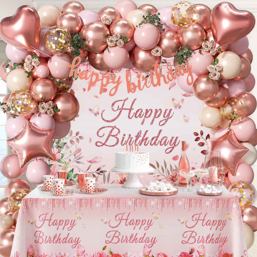 Rose Gold Birthday Decorations, Rose Gold Pink Nude Balloons Happy Birthday Banner Rose Gold Tablecloth Backdrop for Happy Birthday Decorations for Women Adults