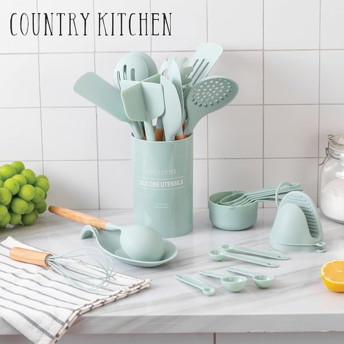 Country Kitchen Non-Stick Silicone Utensil Set - 38-Piece Cooking & Baking Tools in Mint