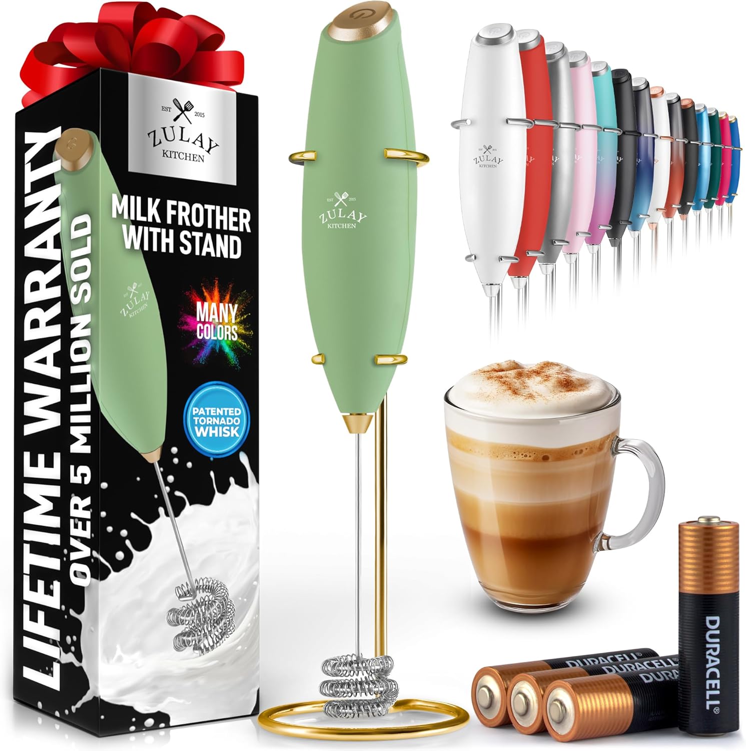 Zulay Kitchen Milk Frother - Patented Tornado Triple Whisk for Rich, Creamy Foam - Olive & Gold