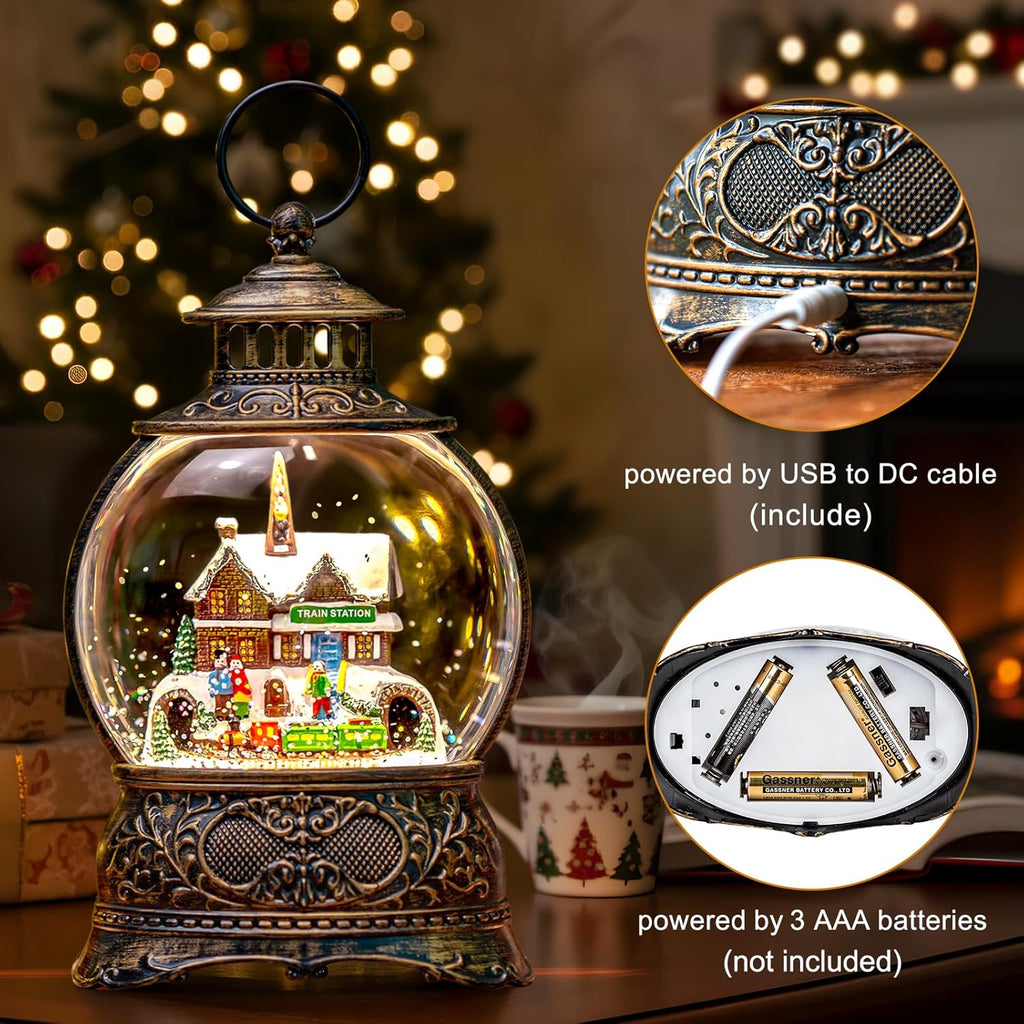 Regine Switzerland Christmas Snow Globe - Musical Water Lantern with 6-Hour Timer | USB & Battery Operated